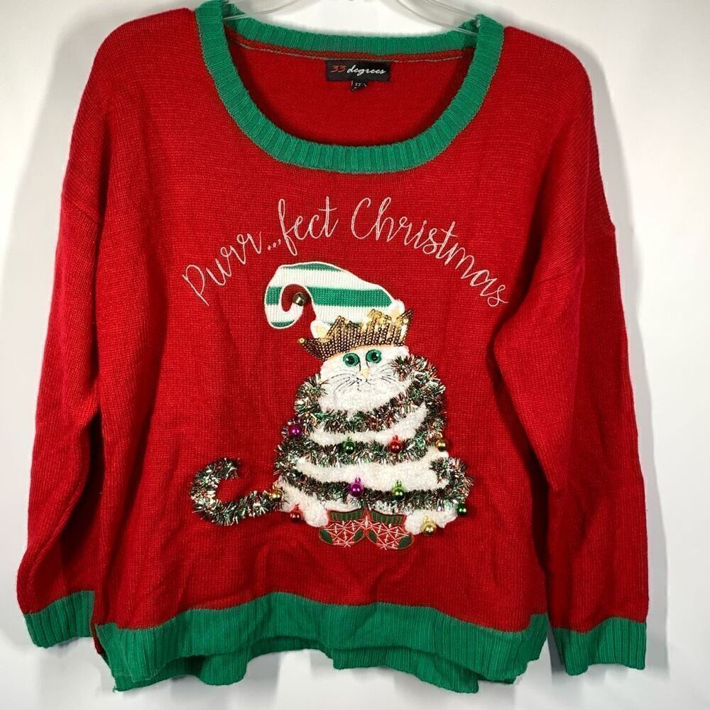 -6. 33 Degrees Women's Purr...fect Christmas Cat Pullover Sweater Red Size XXL